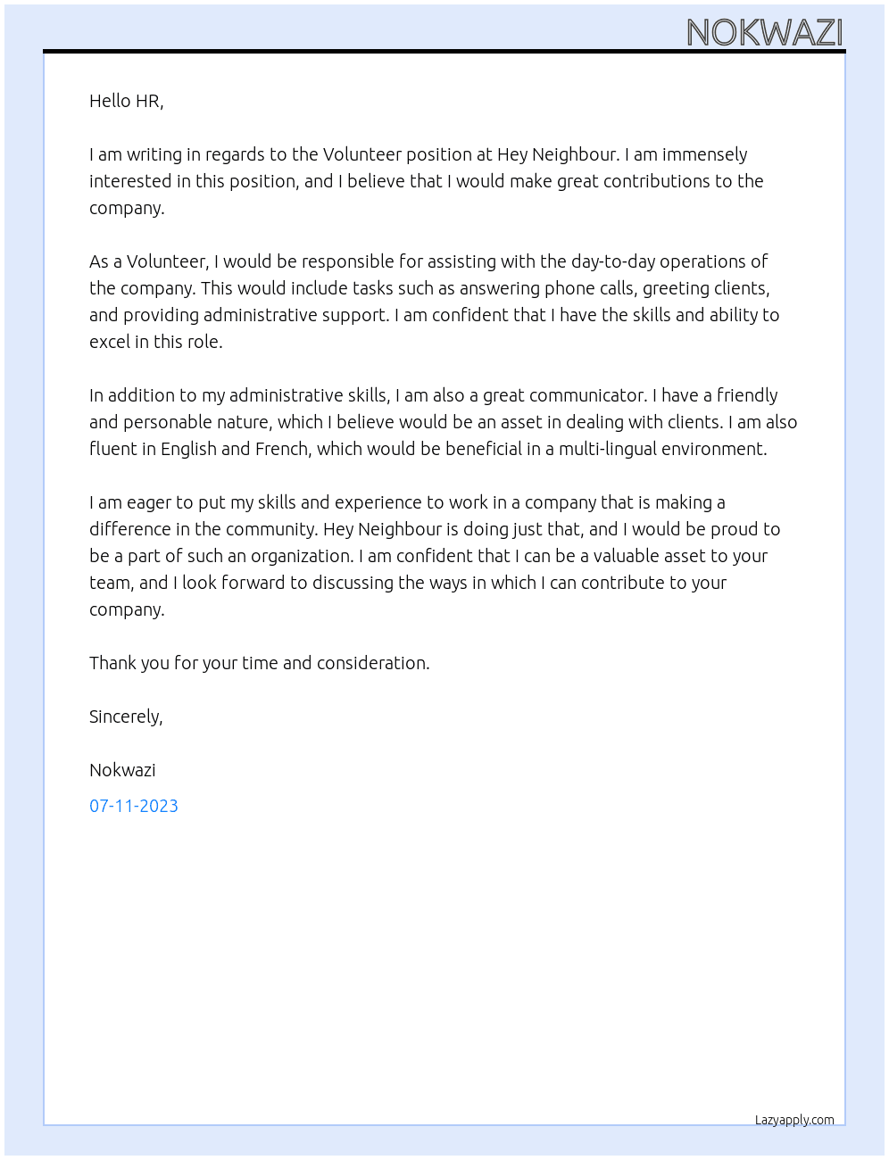 Volunteer At Hey Neighbour Cover Letter