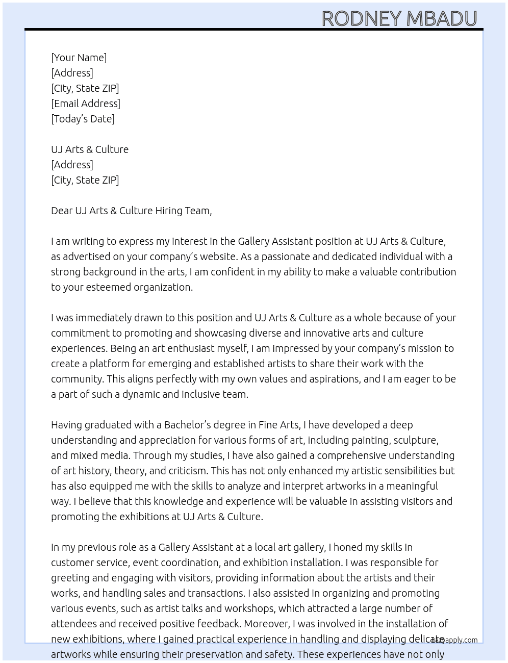 Gallery Assistant  At UJ Arts & Culture Cover Letter