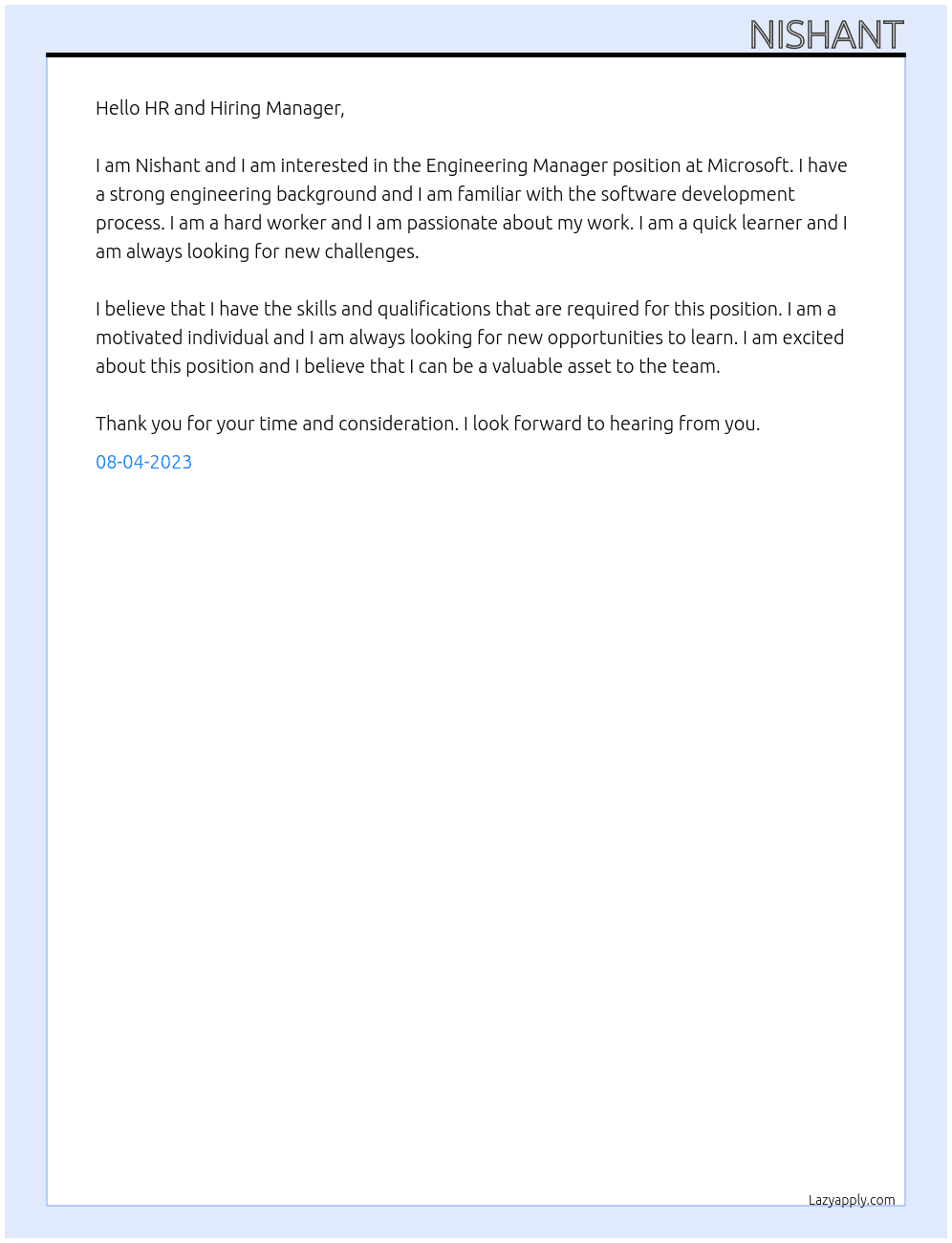 Engineering Manager At Microsoft Cover Letter