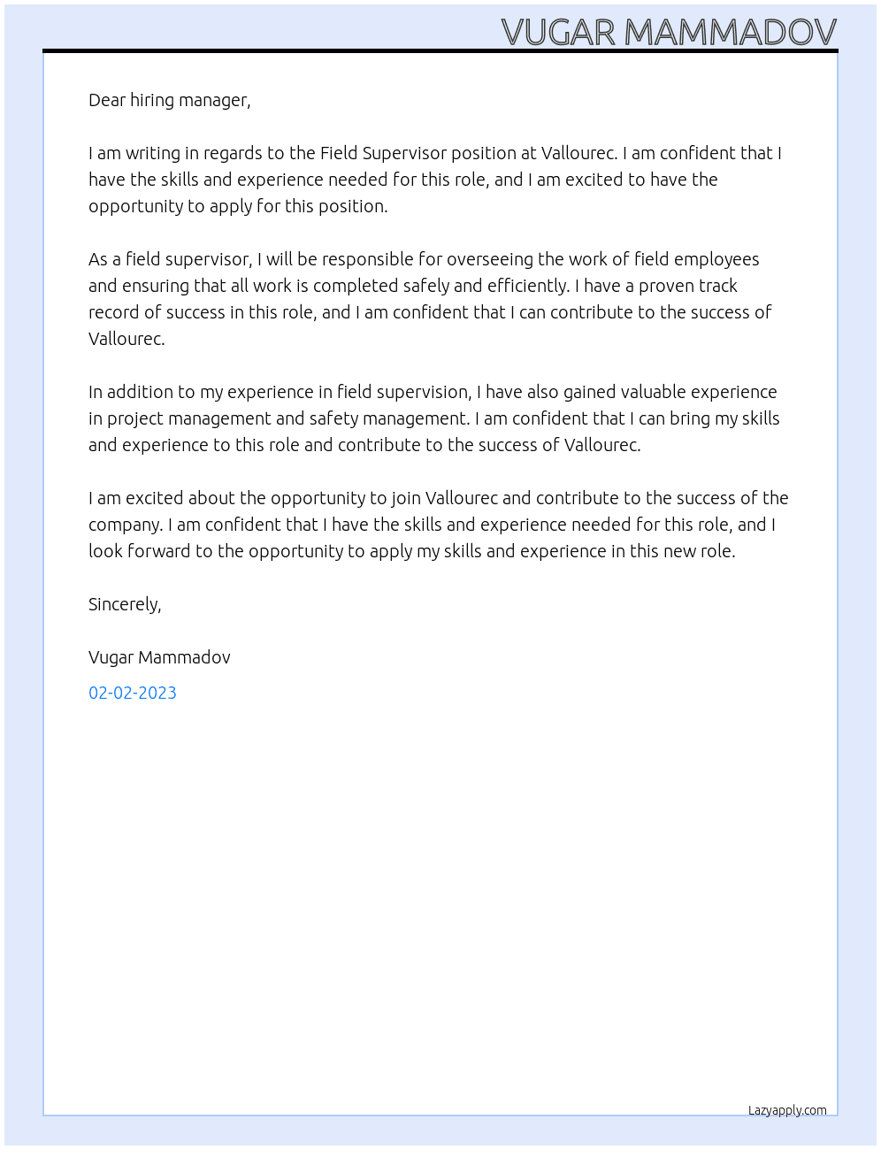 Field Supervisor At Vallourec Cover Letter