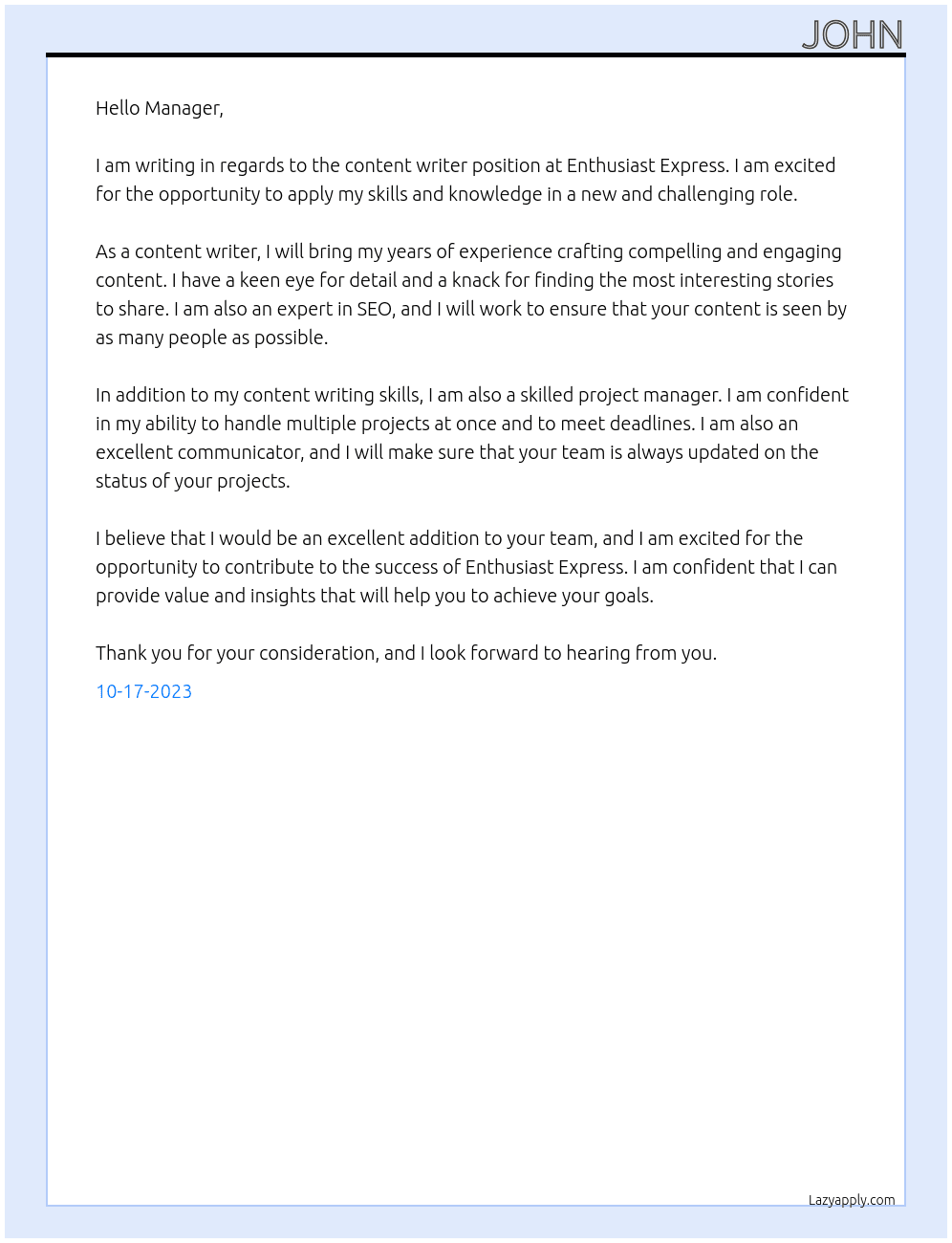 Content  writer  At Enthusiast Express Cover Letter