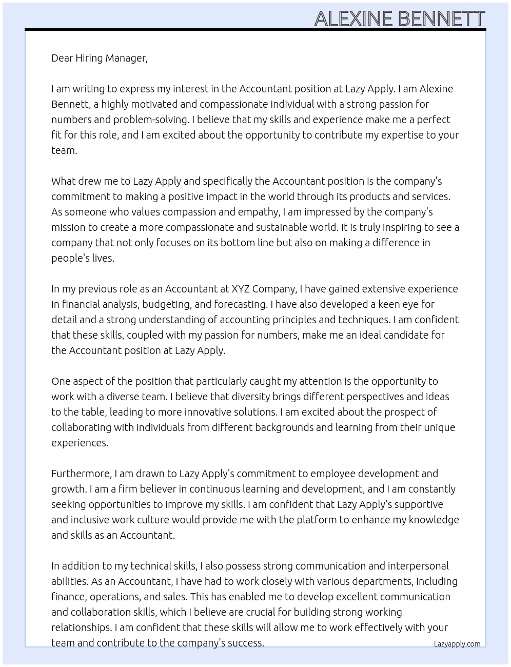 Accountant  At Lazy Apply Cover Letter