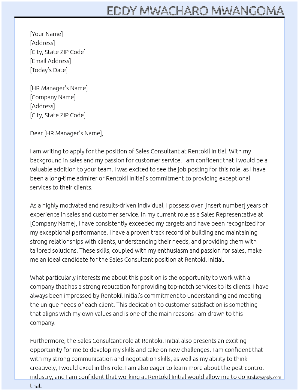 Sales Consultant  At Rentokil Initial Cover Letter