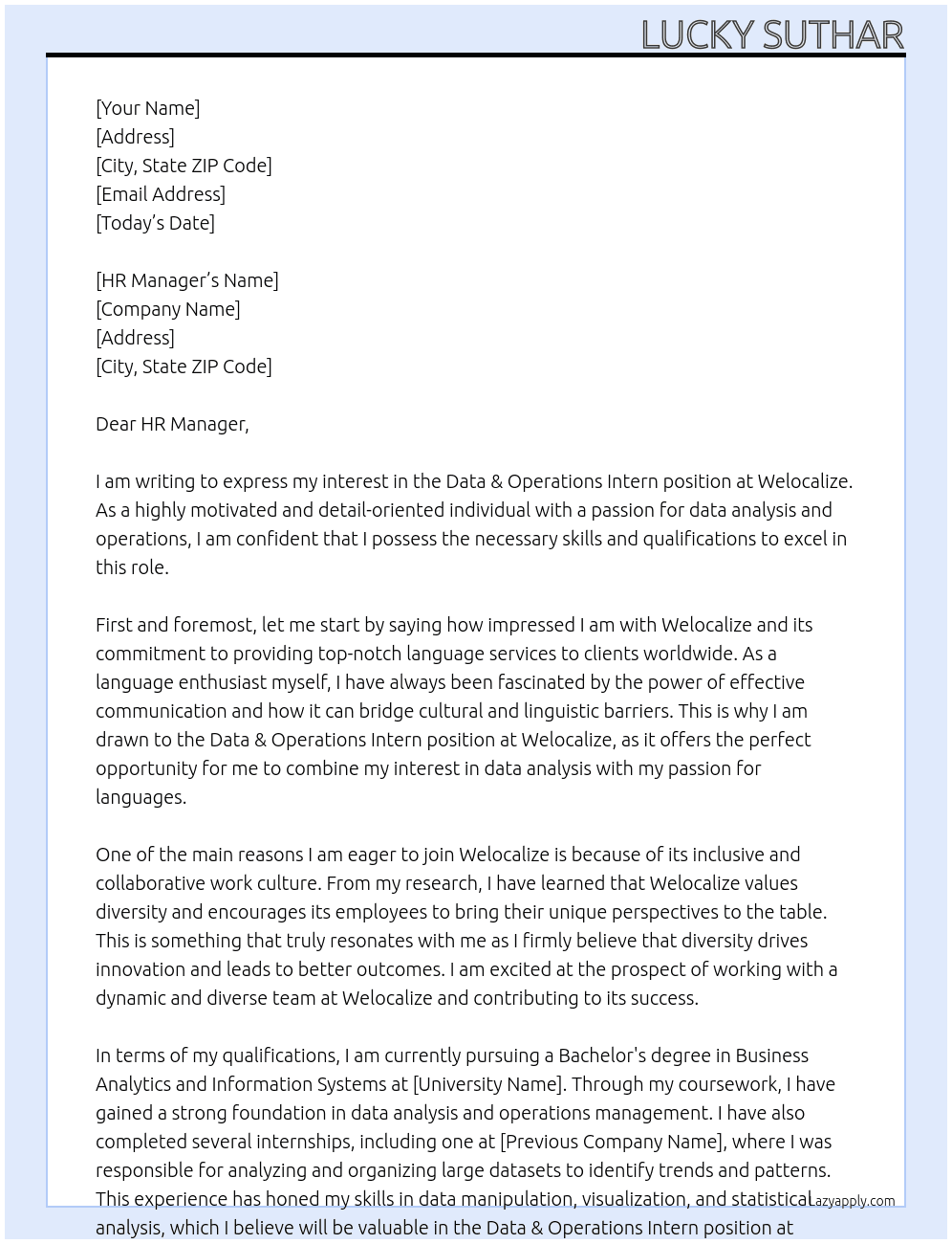 Cover letter for data & operations intern - LazyApply
