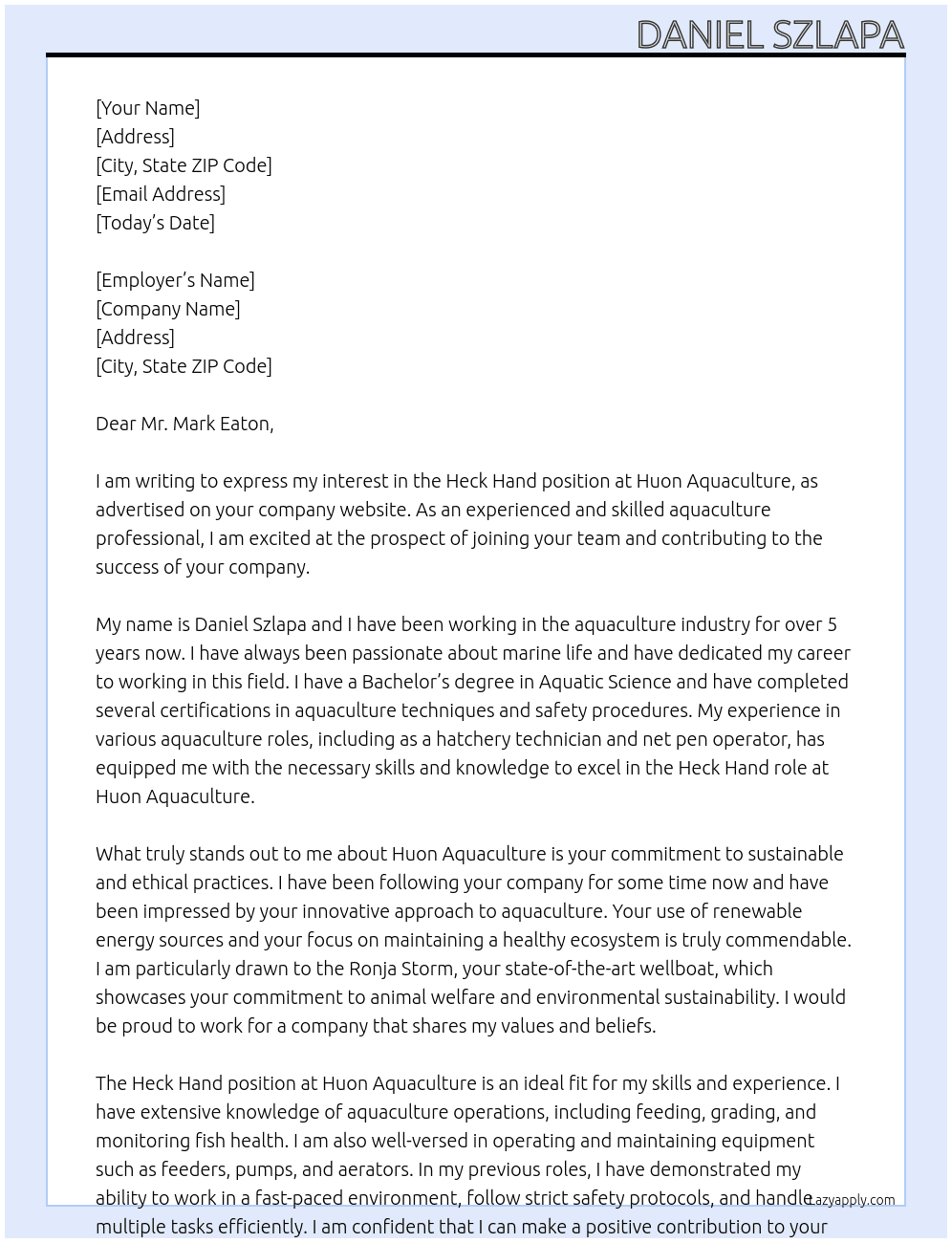 Heck Hand At Huon Aquaculture Cover Letter
