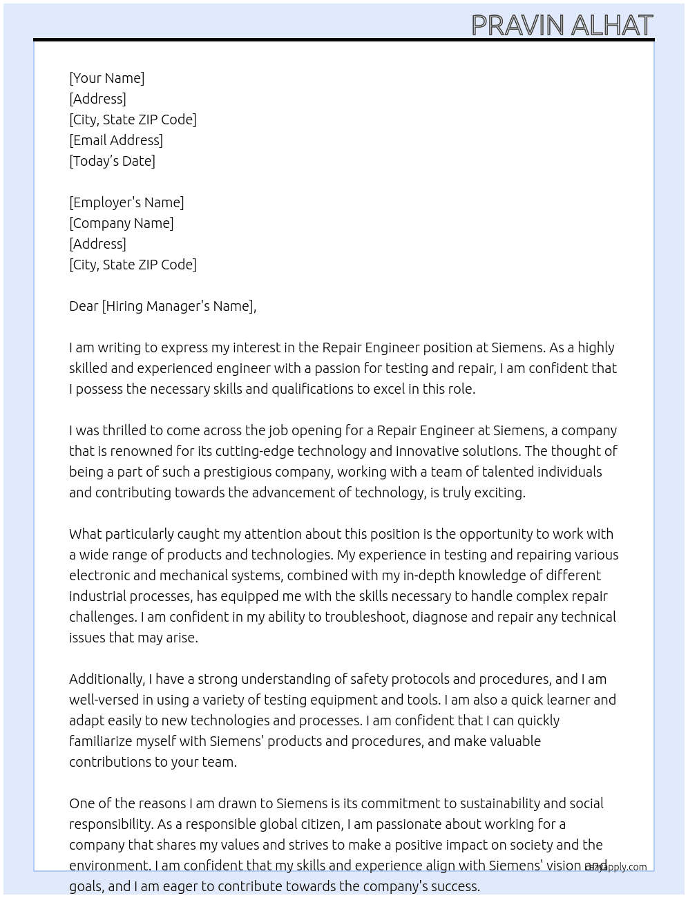 repair engineer  At siemens Cover Letter