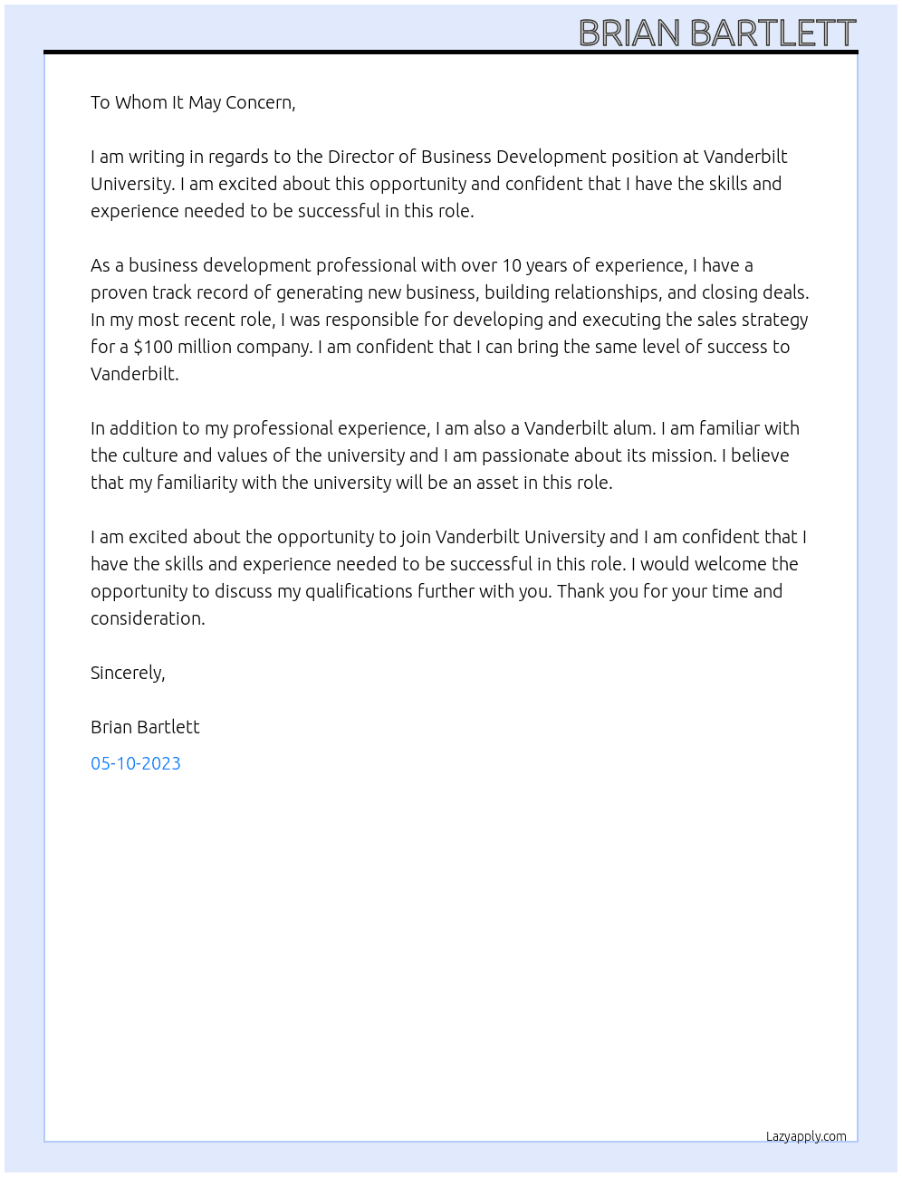 Director Business Development  At Vanderbilt  Cover Letter