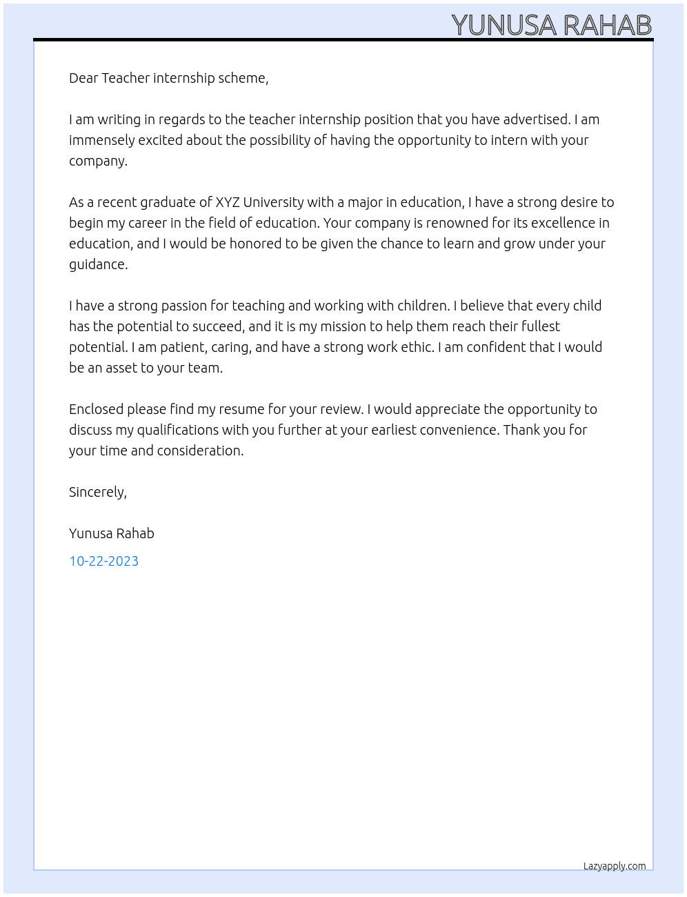 Teacher internship At Teacher internship scheme Cover Letter