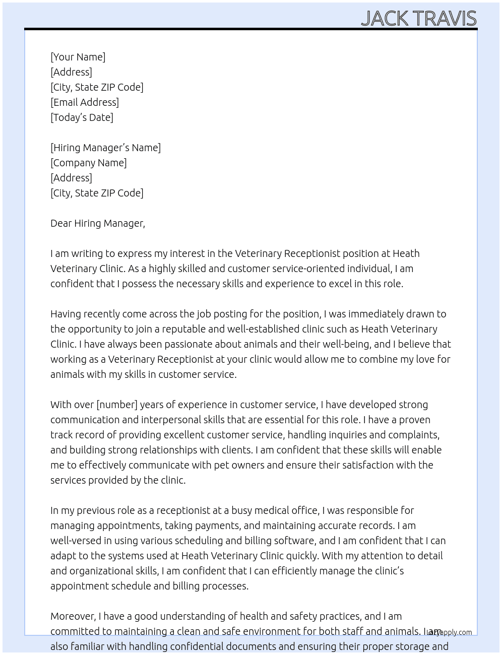 Veterinary Receptionist  At Heath Veterinary Clinic Cover Letter