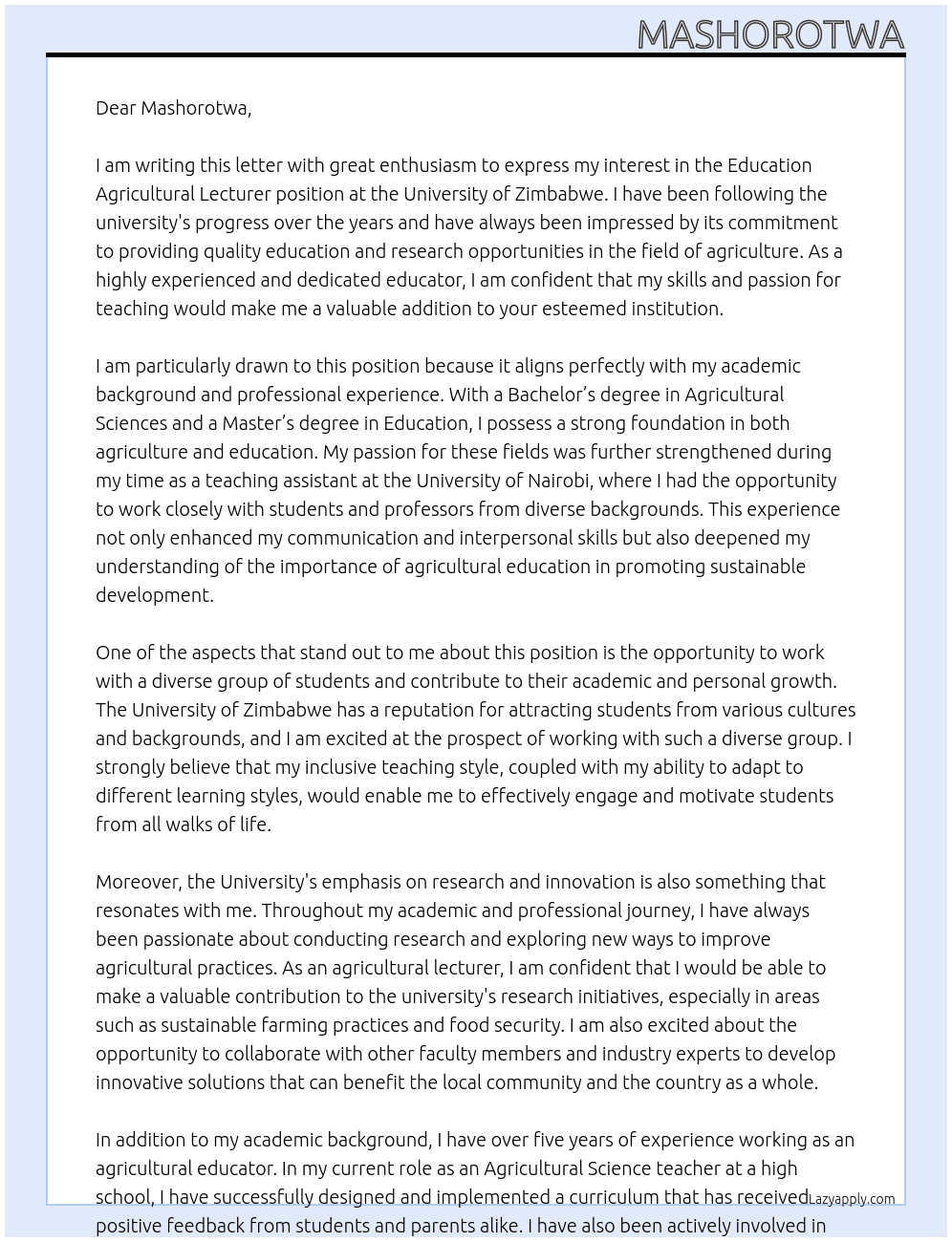 Education agricultural lecturer At University of Zimbabwe Cover Letter