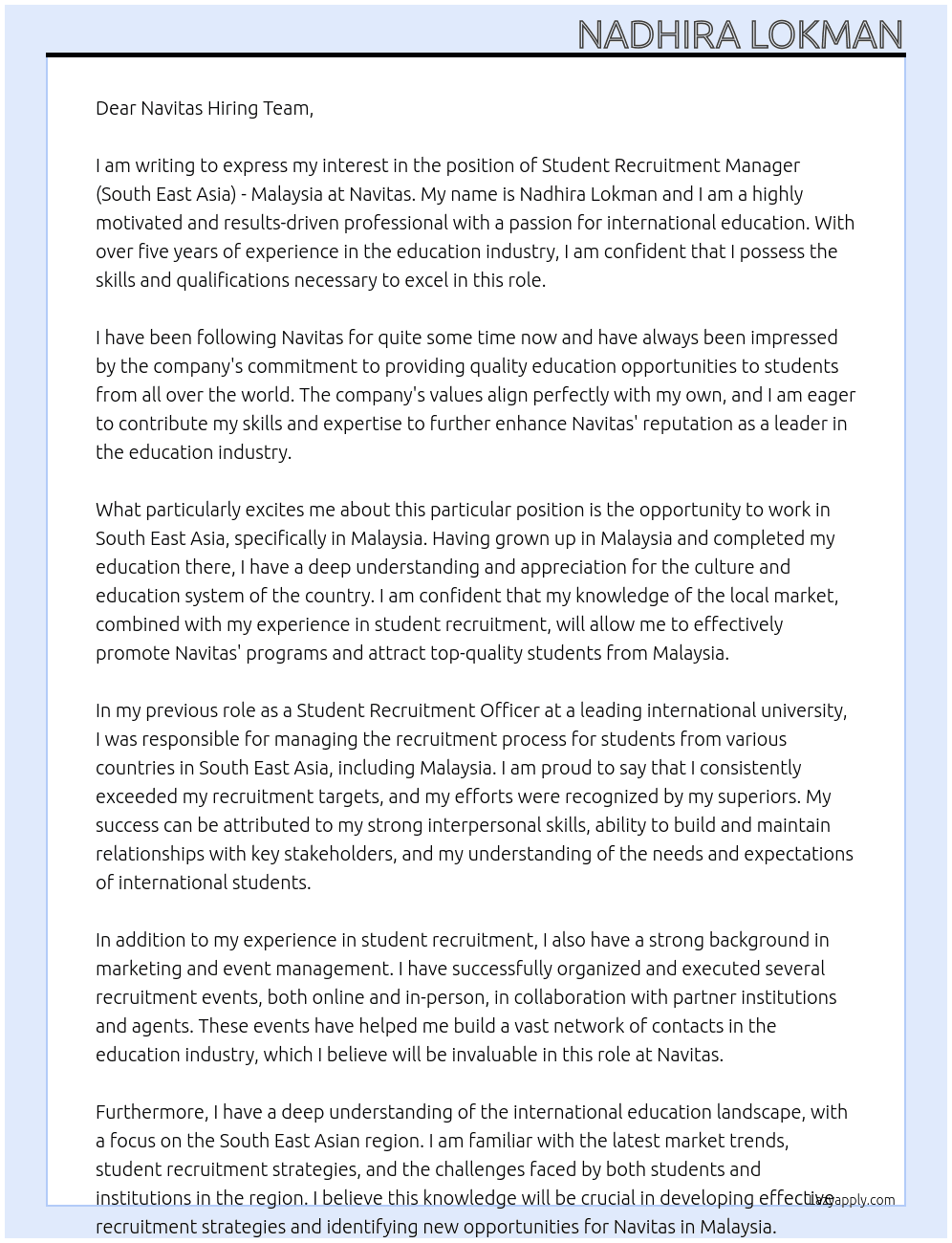 Student Recruitment Manager (South East Asia) - Malaysia At Navitas Cover Letter