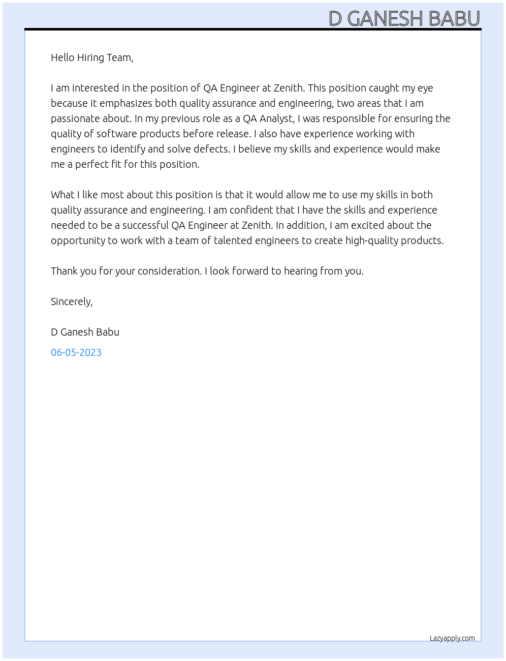 QA Engineer At Zenith Cover Letter