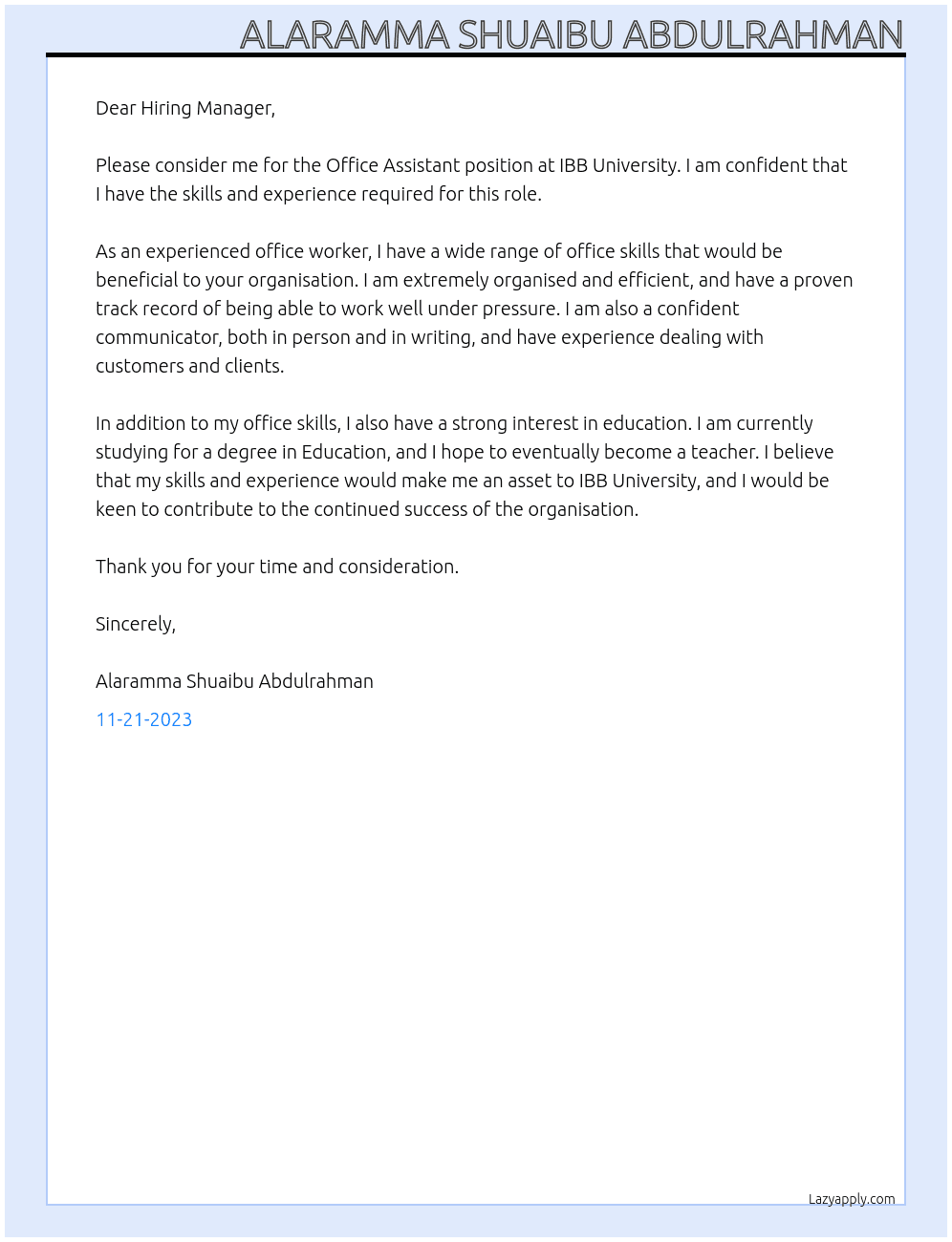 Office Assistant At IBB University  Cover Letter