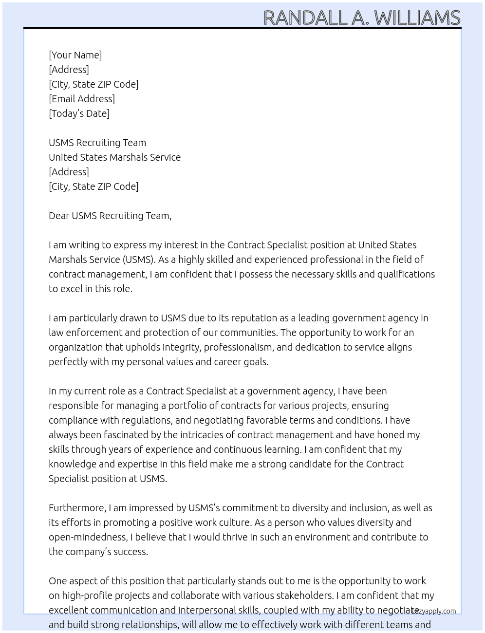 Contract Specialist At United States Marshals Service  Cover Letter