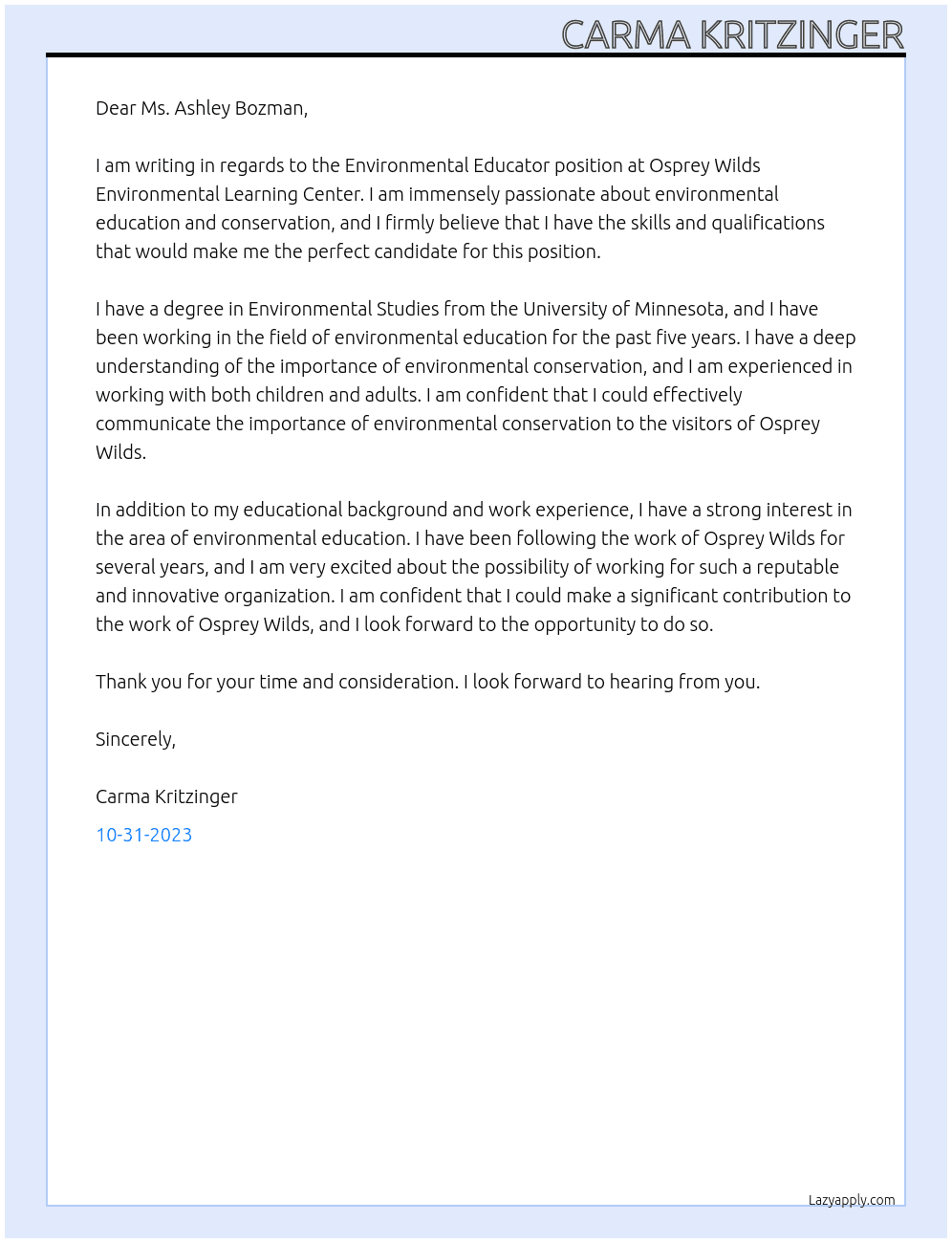 Environmental Educator At Osprey Wilds Environmental Learning Center  Cover Letter