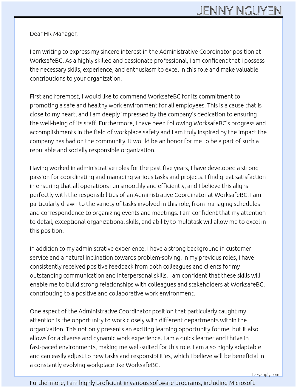 Administrative Coordinator At WorksafeBC Cover Letter