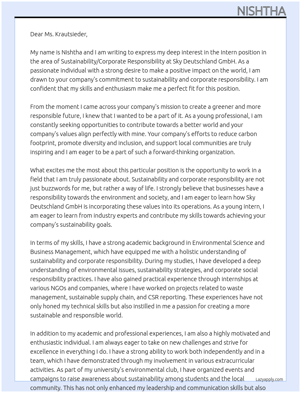 Intern in the area of Sustainability / Corporate Responsibility (m/f/d) At Sky Deutschland GmbH Cover Letter