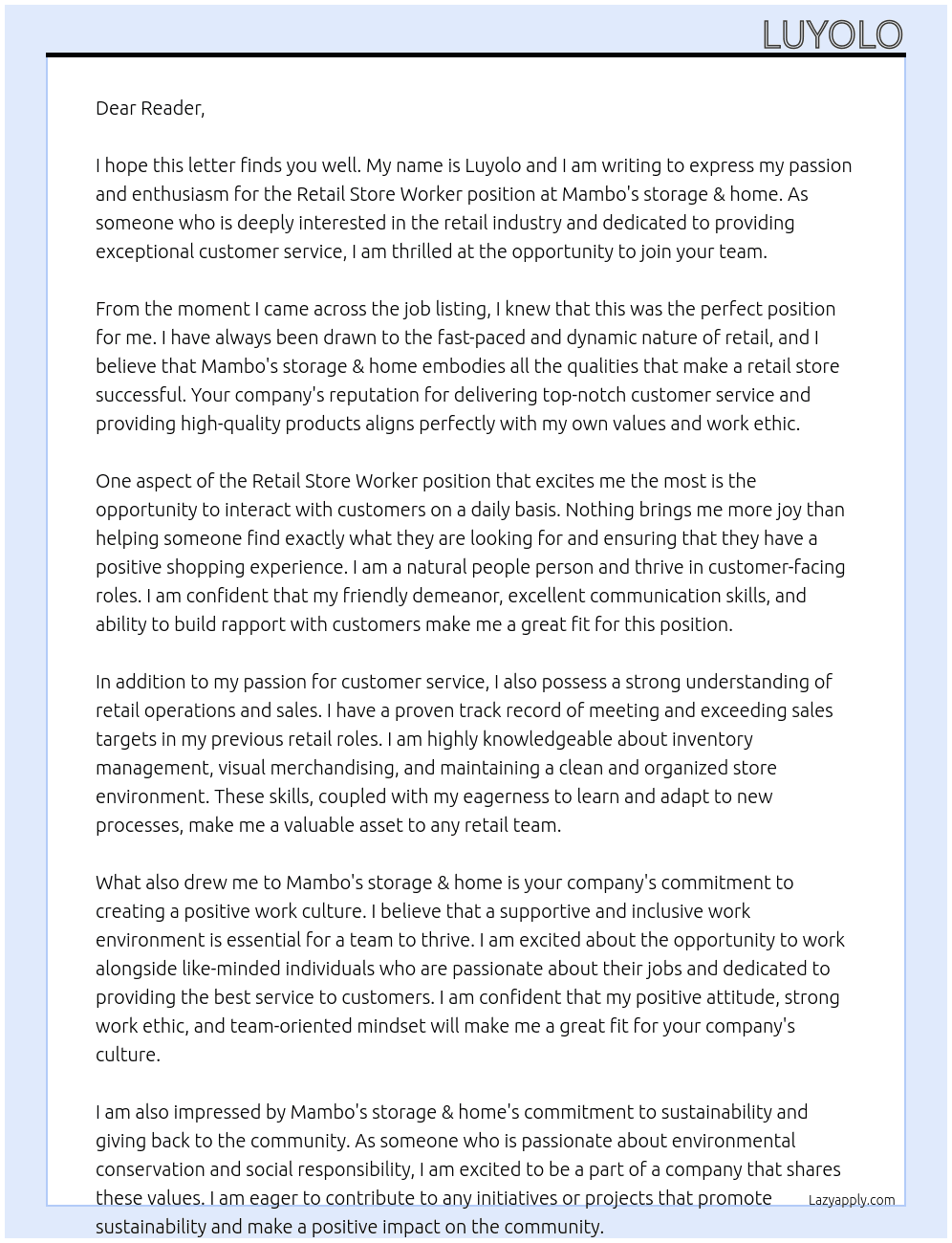Retail Store worker At Mambo's storage & home Cover Letter