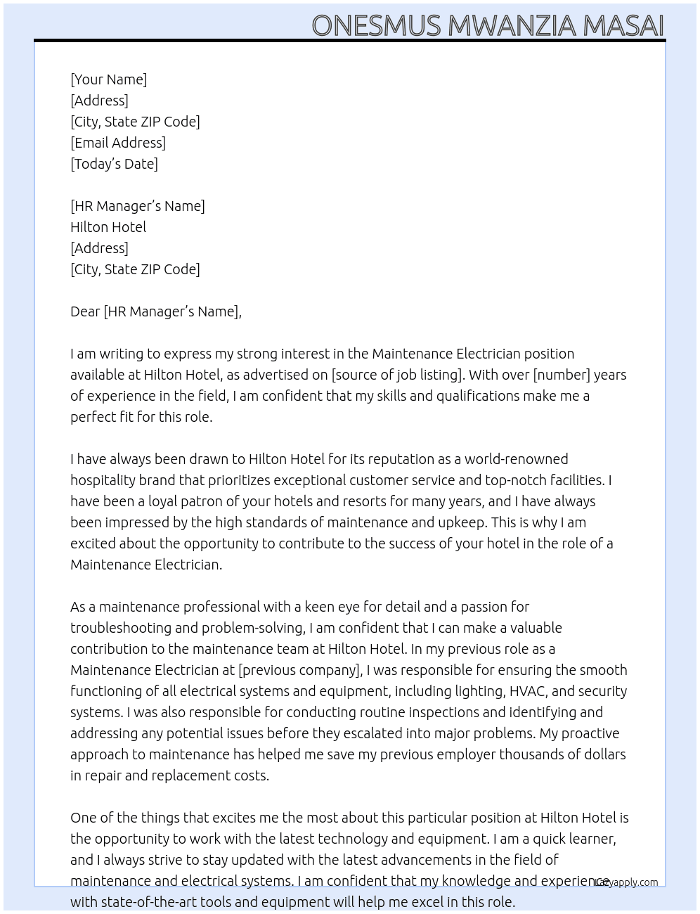 Maintenance electrician  At Hilton hotel  Cover Letter