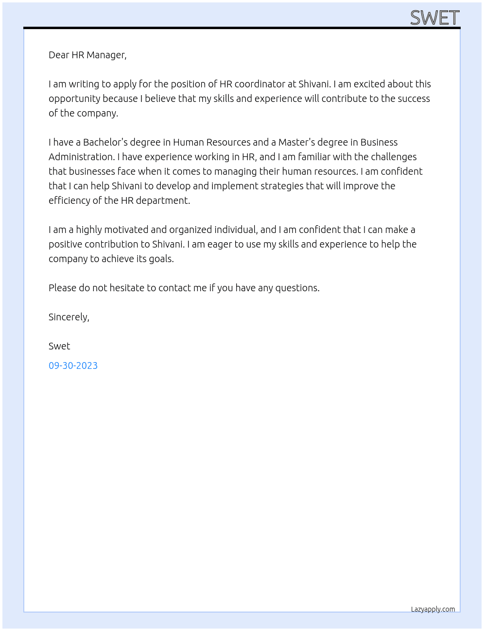 HR coordinator  At Shivani Cover Letter
