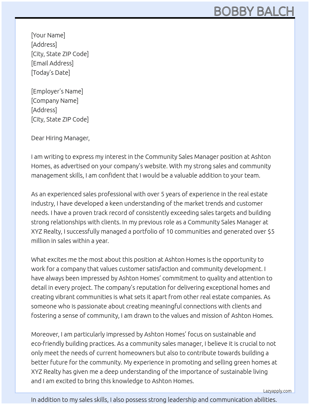 Community Sales Manager At Ashton Homes Cover Letter