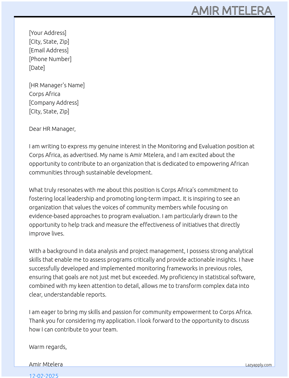 Cover letter for monitoring and evaluation - LazyApply