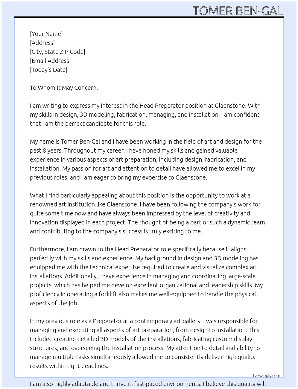 Head Preparator At GLAENSTONE Cover Letter