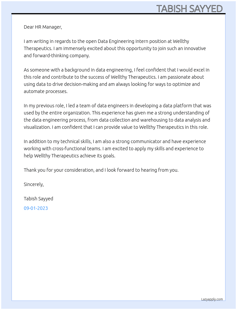 Data engineering intern  At Wellthy therapeutics  Cover Letter