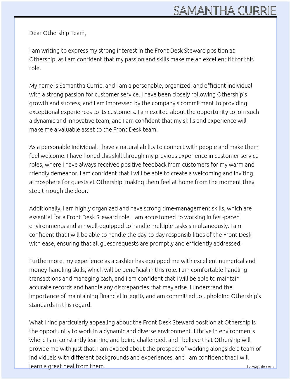Front Desk Steward At Othership Cover Letter