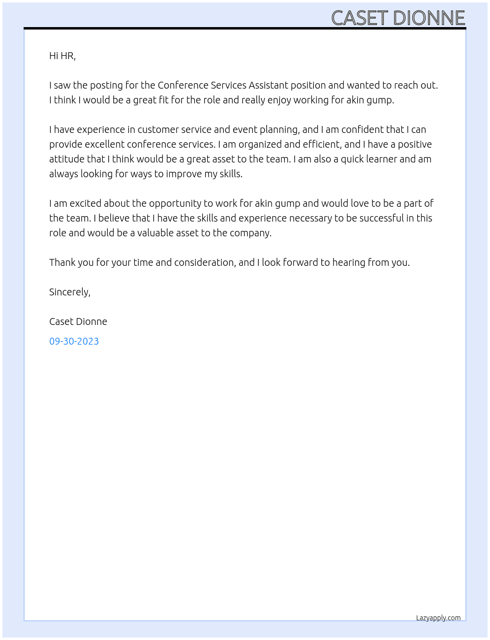 Conference Services Assistant At akin gump Cover Letter