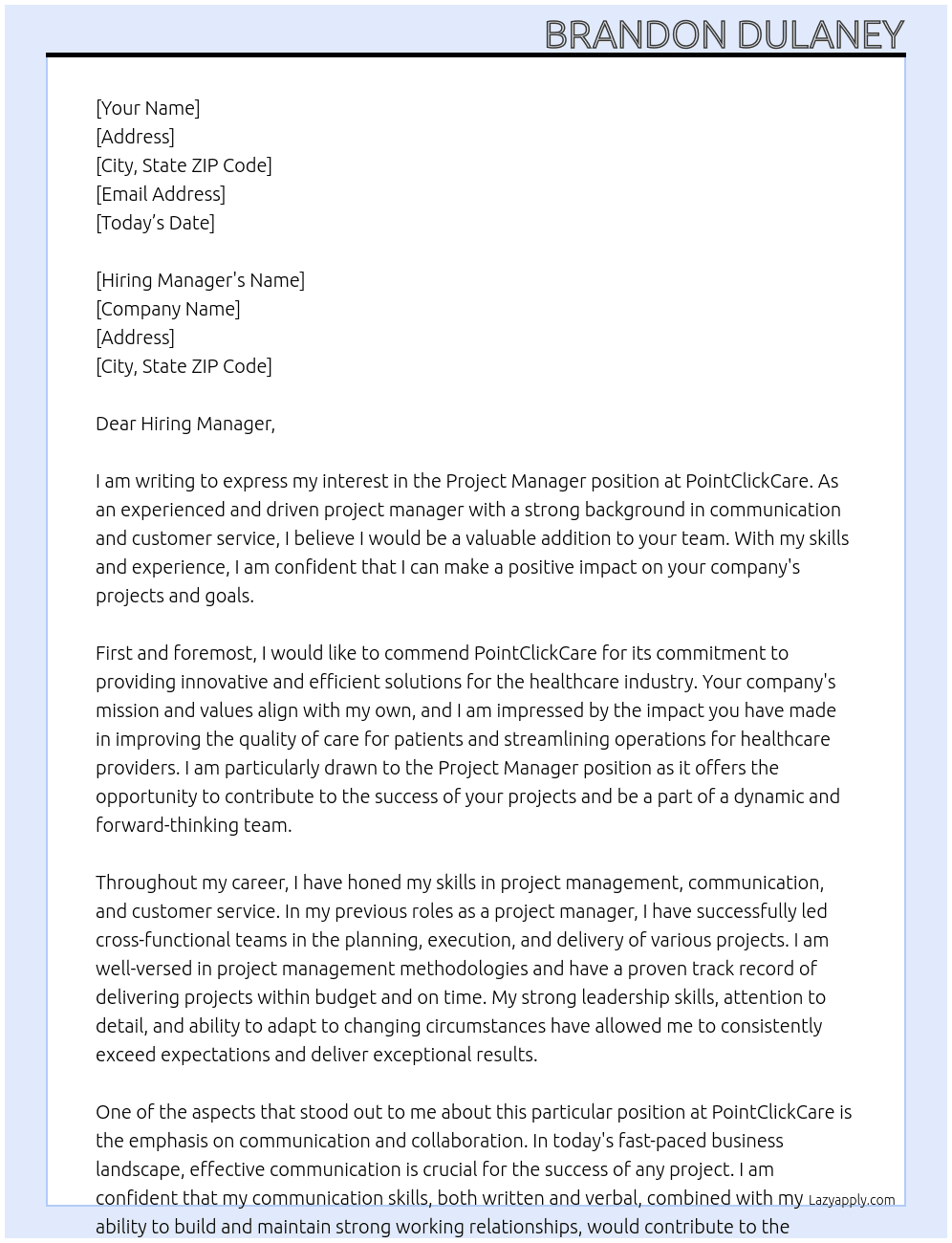 Project Manager At PointClickCare Cover Letter
