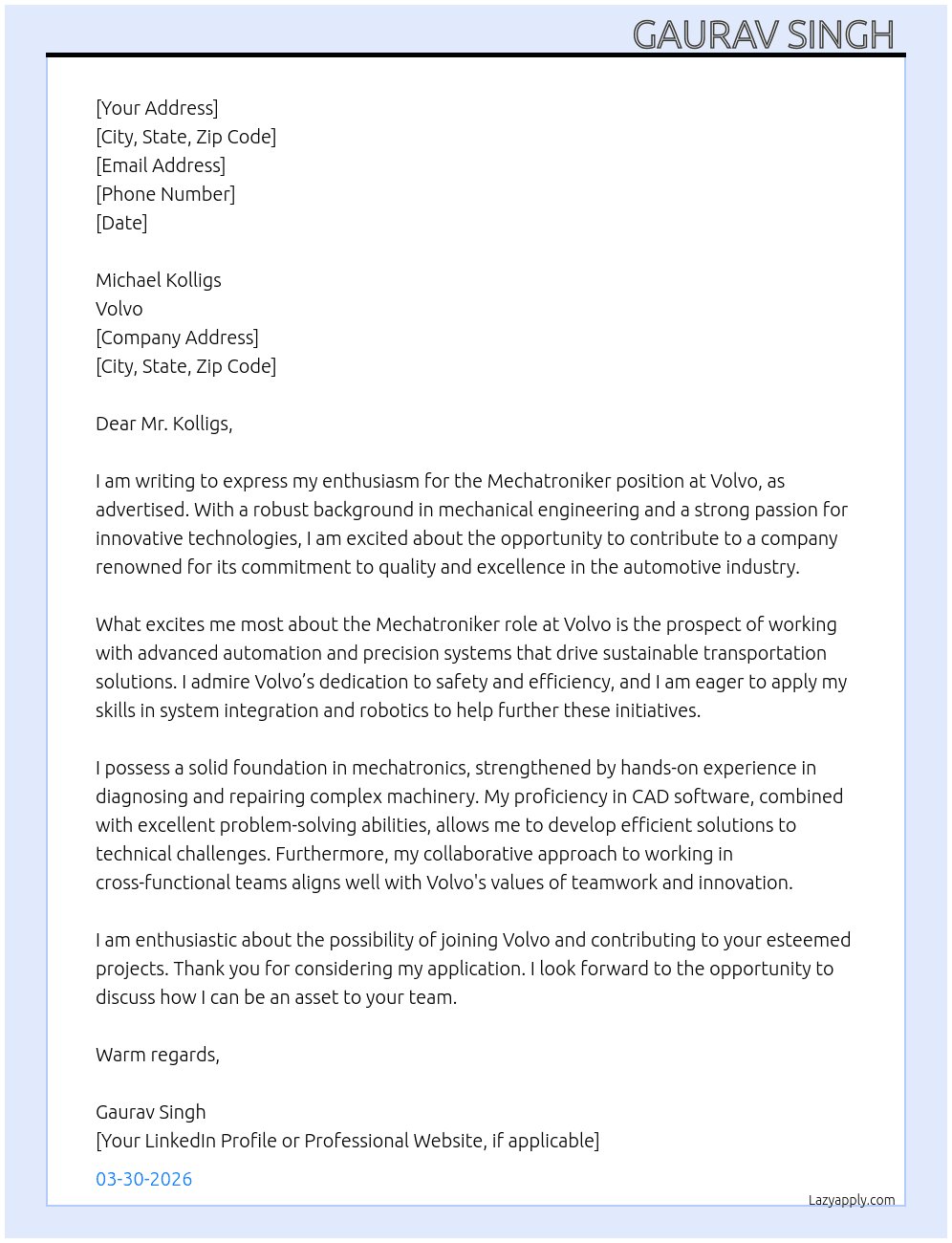 Cover letter for mechatroniker - LazyApply