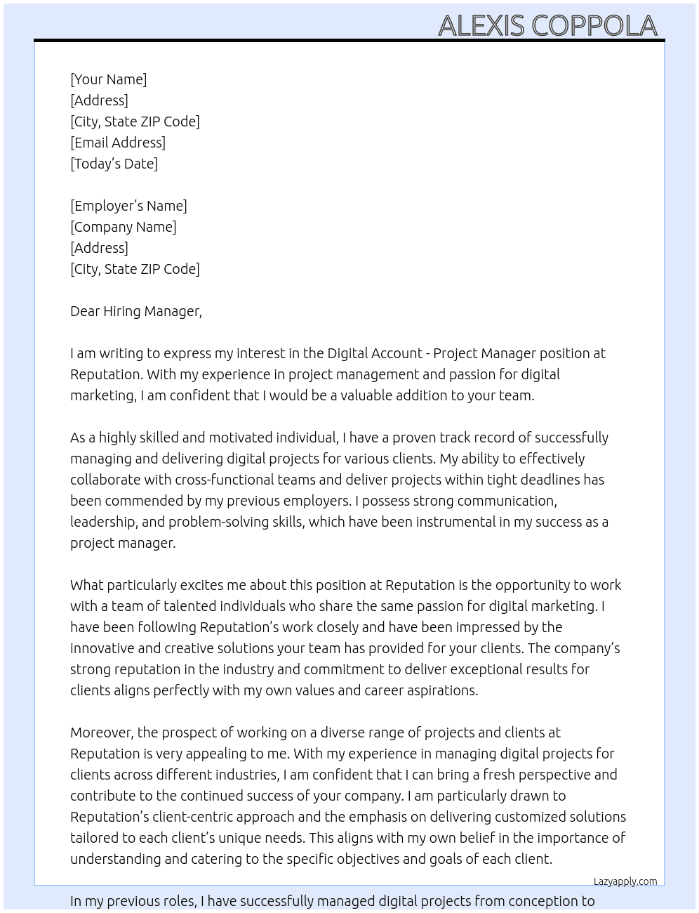Digital Account - Project Manager  At Reputation Cover Letter