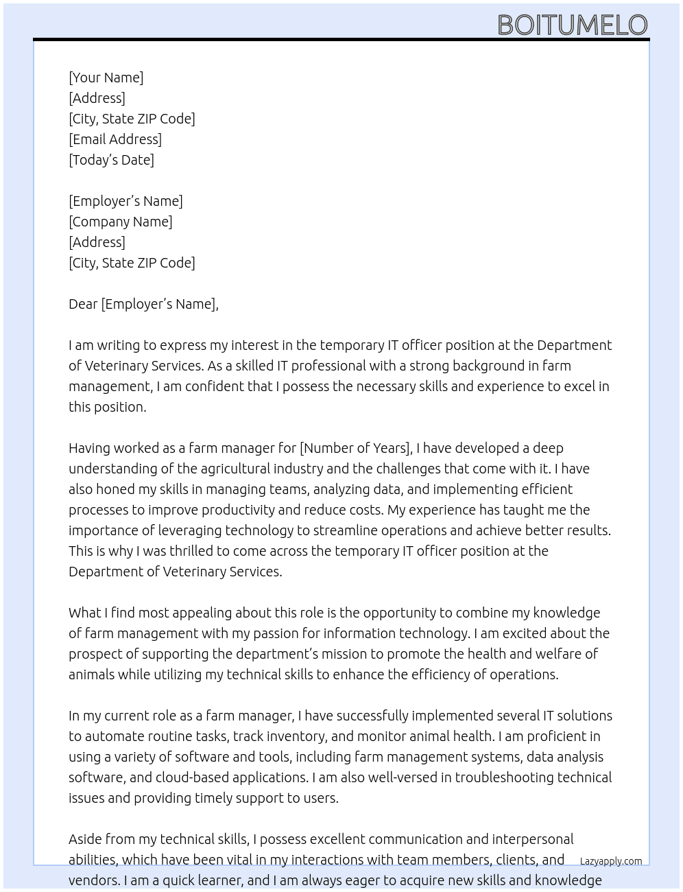 Temporary IT officer At Department of veterinary services Cover Letter