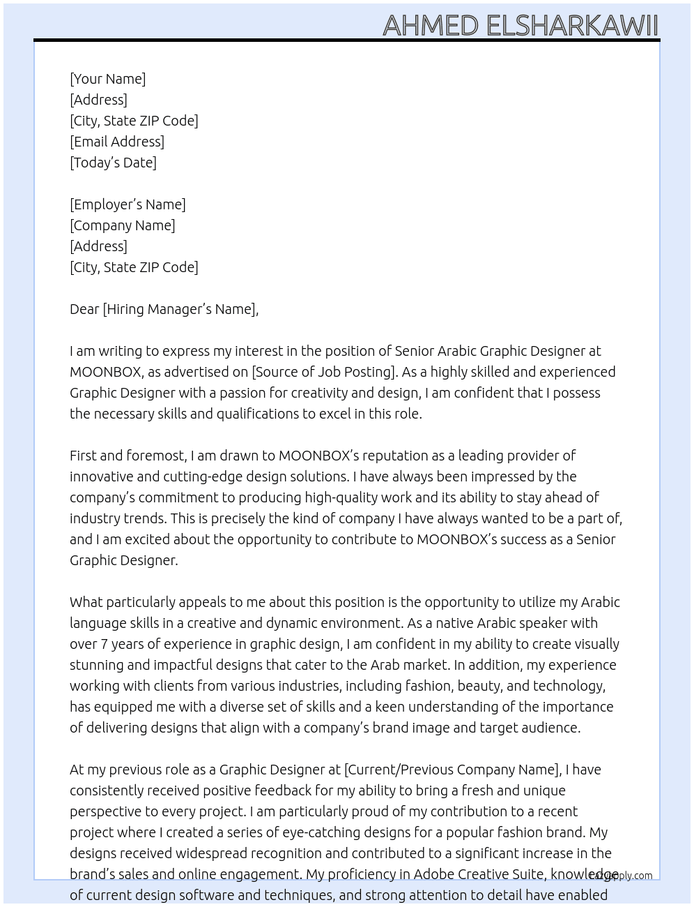 Arabic Senior Graphic Designer At MOONBOX Cover Letter