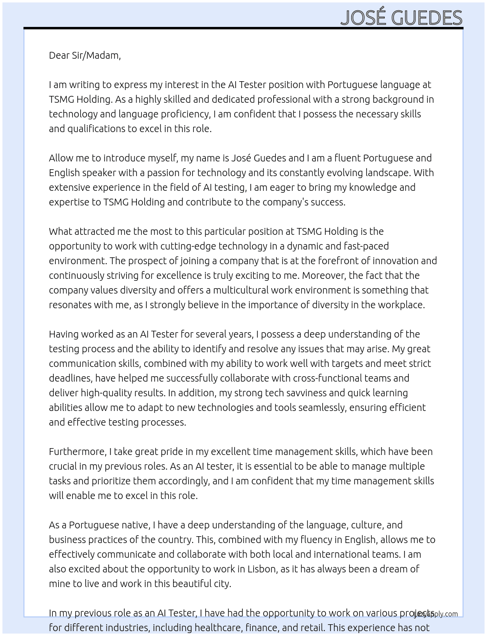 AI tester with Portuguese language At TSMG Holding Cover Letter