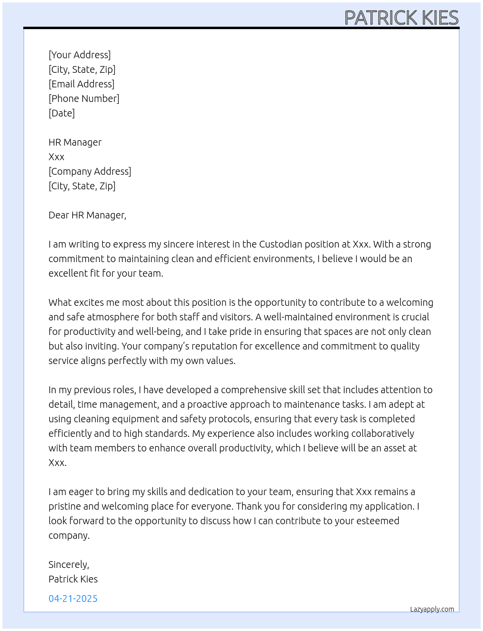 Custodian  At Xxx Cover Letter