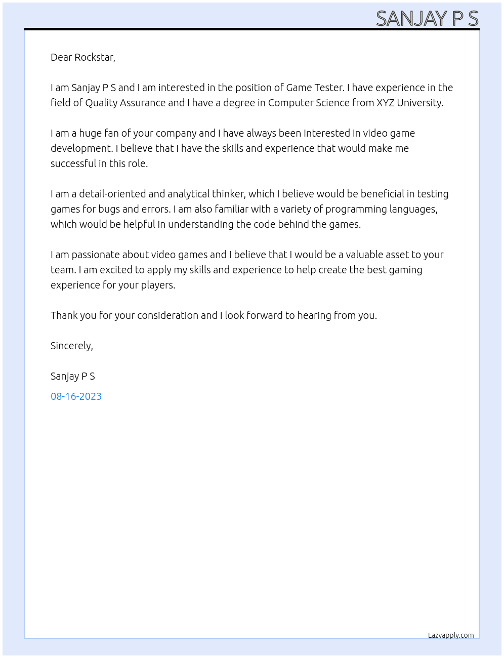 Game Tester  At Rockstar Cover Letter