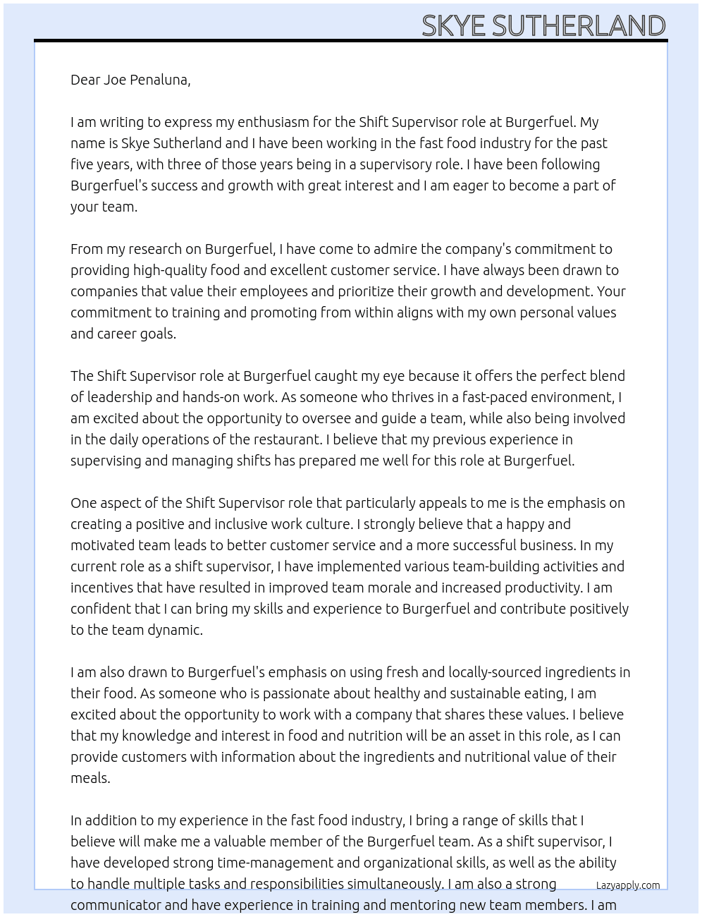 Shift supervisor  At Burgerfuel  Cover Letter