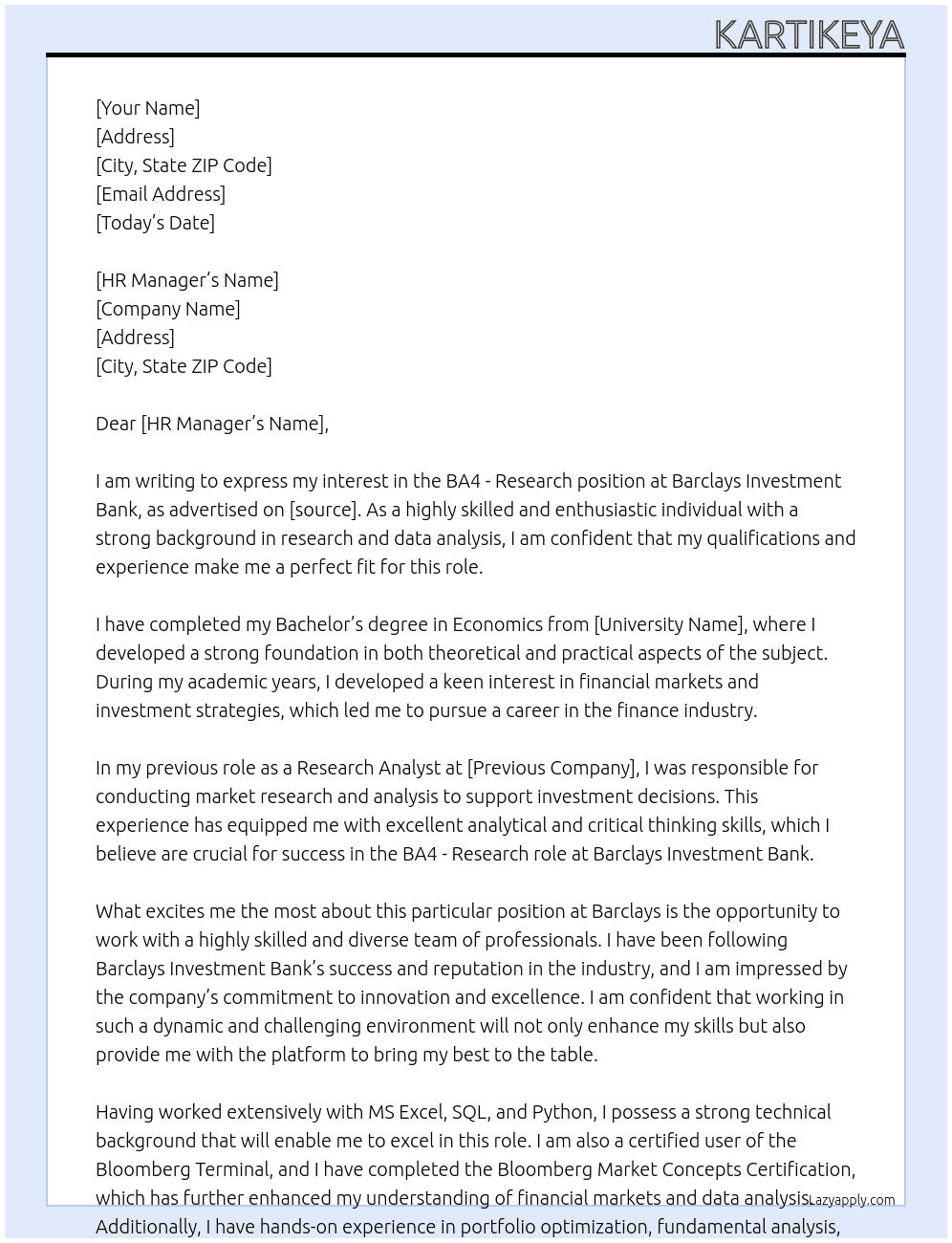 BA4 - Research At Barclays Investment Bank  Cover Letter