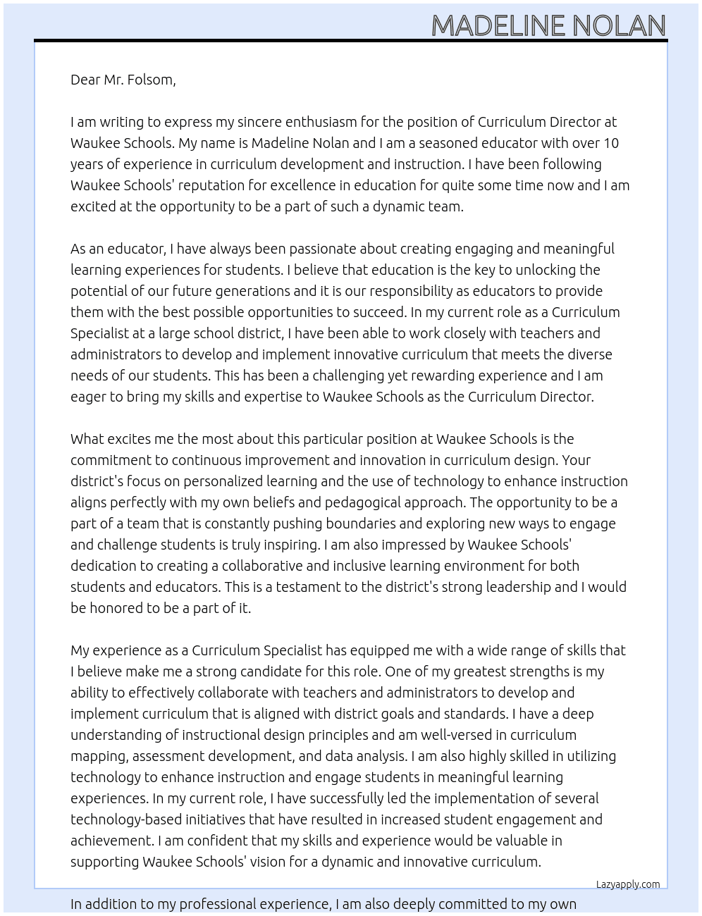 Curriculum Director At Waukee Schools Cover Letter