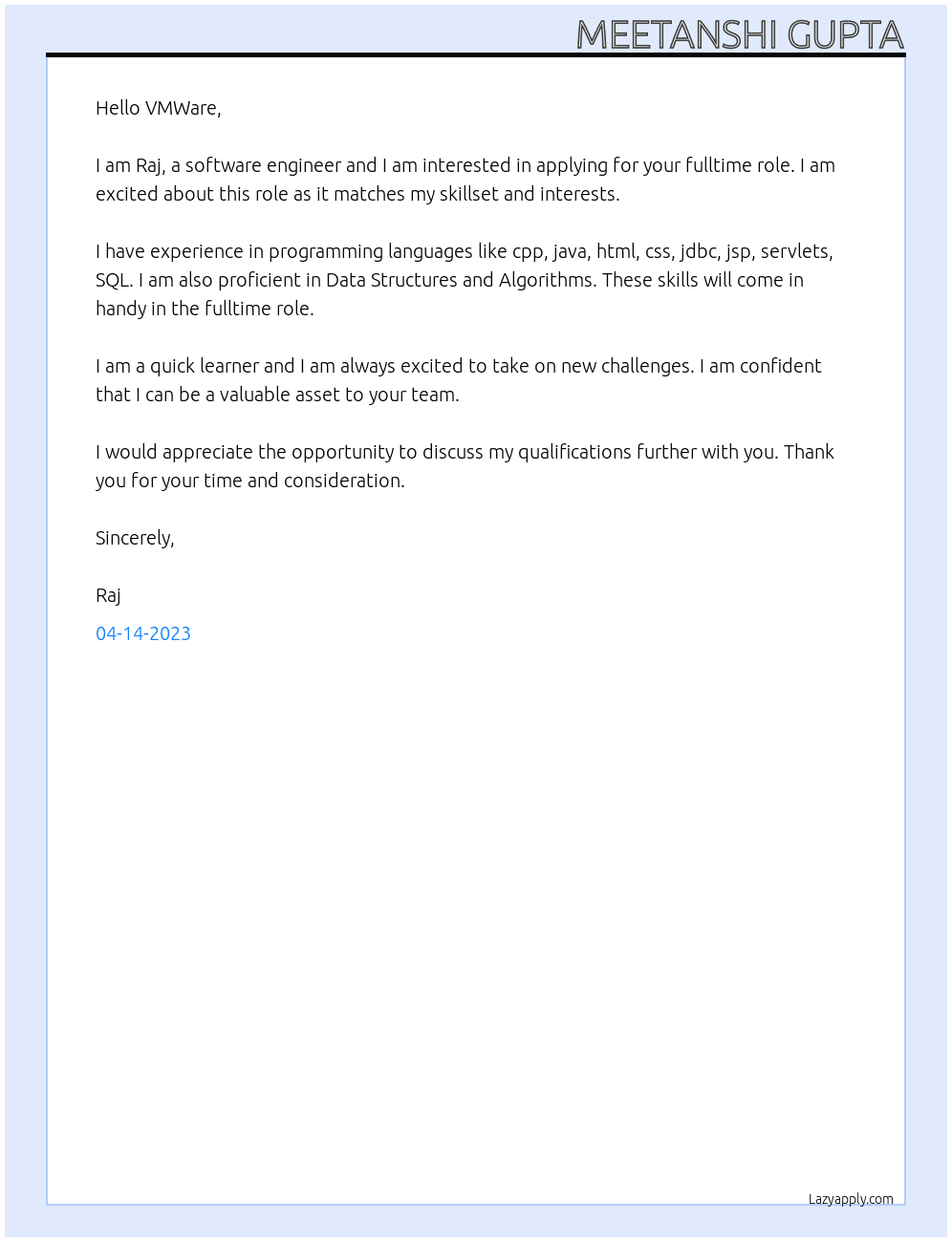 Software Engineer At VMWare Cover Letter