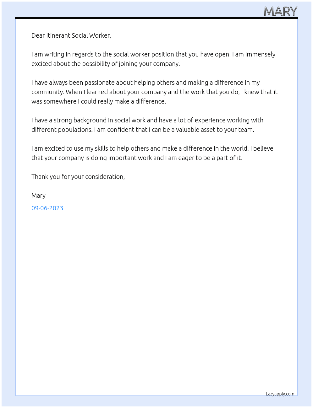 Social worker At Itinerant Social Worker  Cover Letter