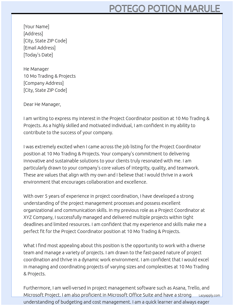 Project coordinator  At 10 Mo trading & projects  Cover Letter