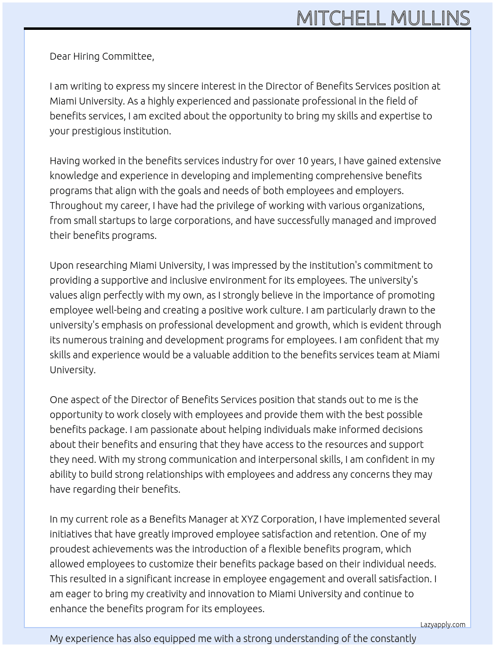 Director of Benefits Services At Miami University Cover Letter