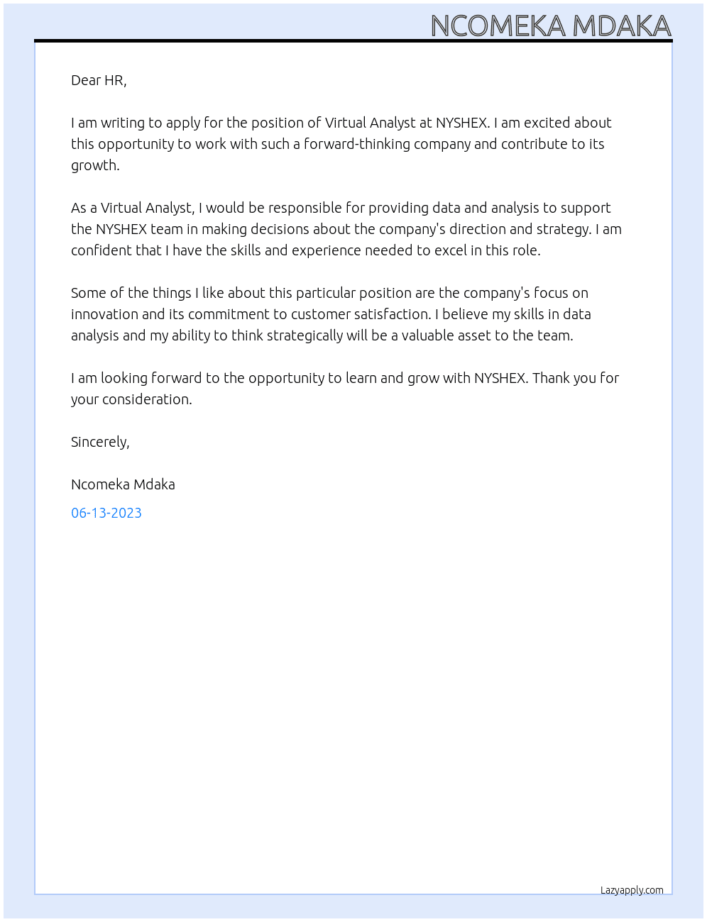 Virtual Analyst At NYSHEX Cover Letter