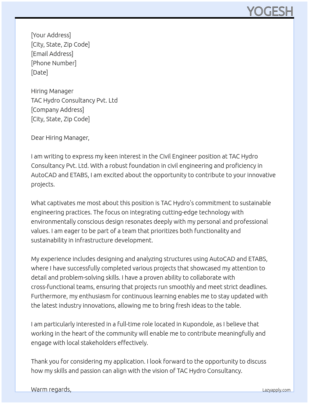 Civil Engineer At TAC Hydro Consultancy Pvt. Ltd Cover Letter