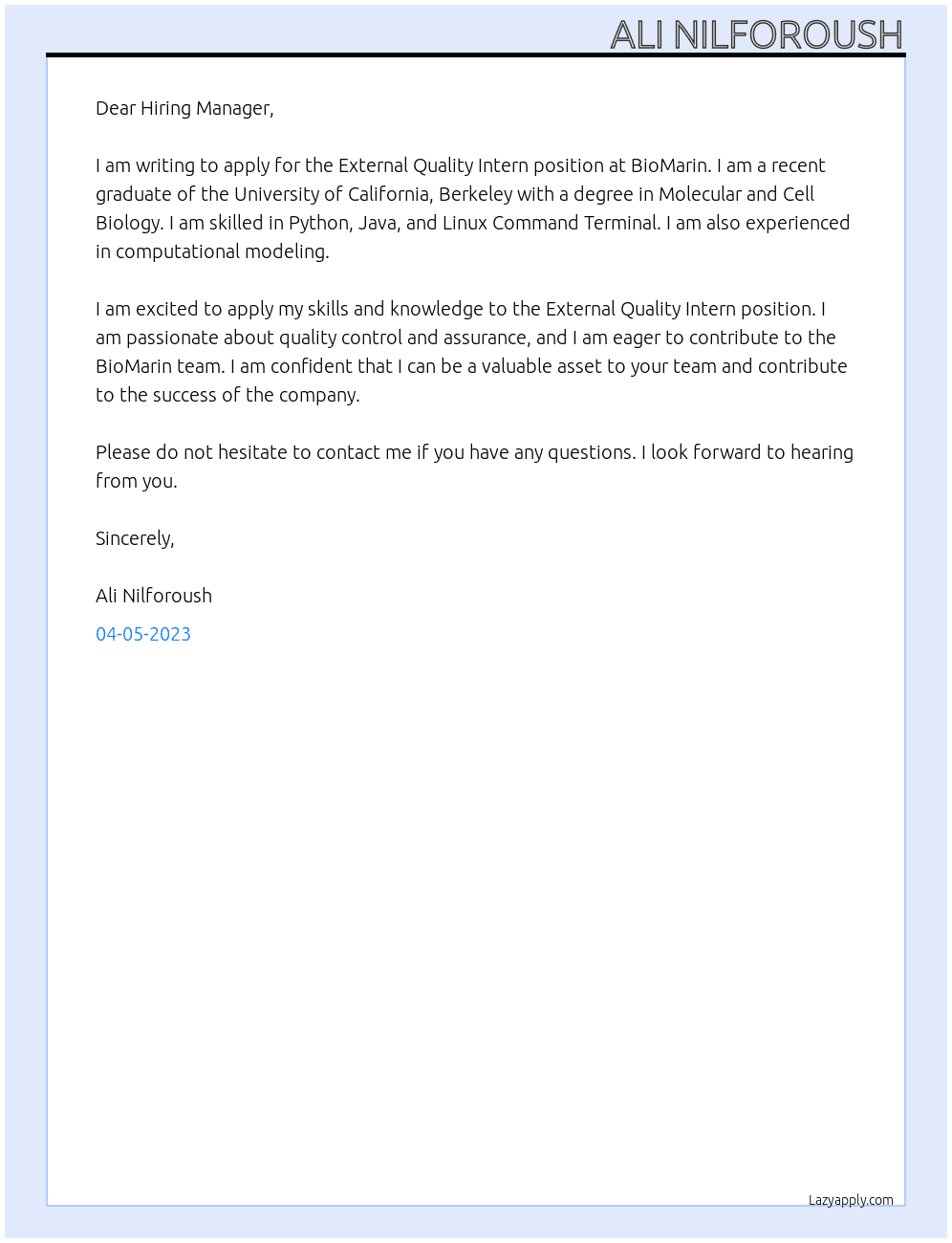 External Quality Intern At BioMarin Cover Letter