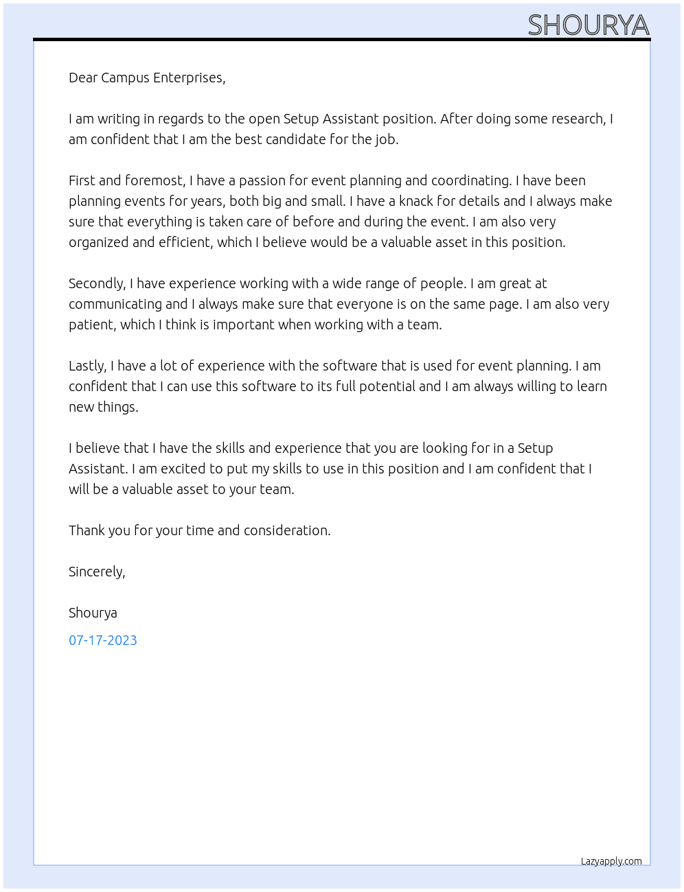 Setup Assistant At NCSU Campus enterprises Cover Letter