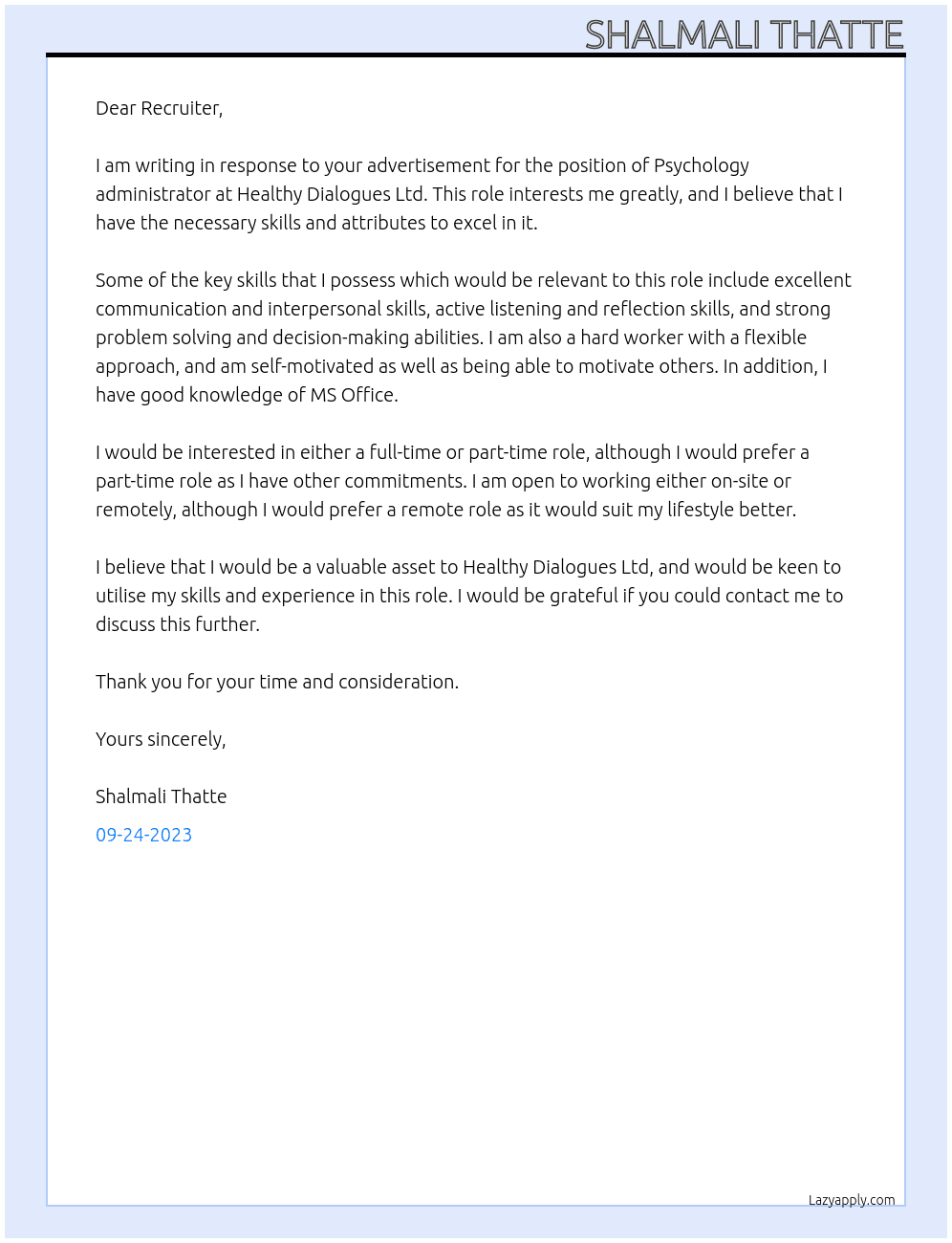 Psychology administrator At Healthy Dialogues Ltd Cover Letter